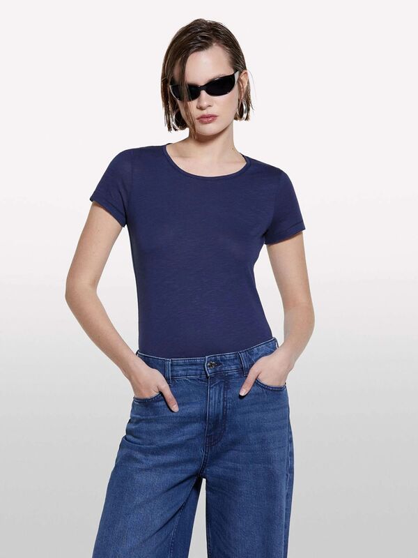 Pamuk Modal Karışımlı Normal Kalıp Bisiklet Yaka T-Shirt Kadın LACİVERT T-Shirt - 325P3TNHL11A2