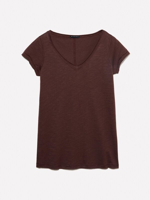 Pamuk Modal Karışımlı Normal Kalıp V Yaka Slub T-Shirt Kadın kahverengi T-Shirt - 325P3TNHL4007