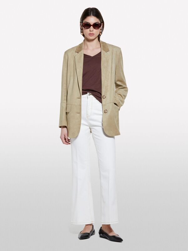 Sisley - Pamuk Modal Karışımlı Normal Kalıp V Yaka Slub T-Shirt Kadın kahverengi T-Shirt - 325P3TNHL4007