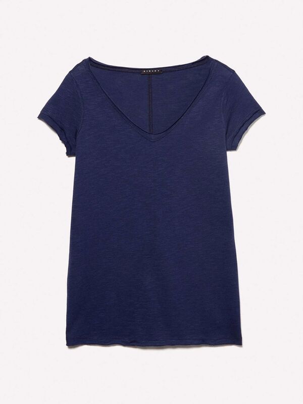Pamuk Modal Karışımlı Normal Kalıp V Yaka Slub T-Shirt Kadın LACİVERT T-Shirt - 325P3TNHL4007