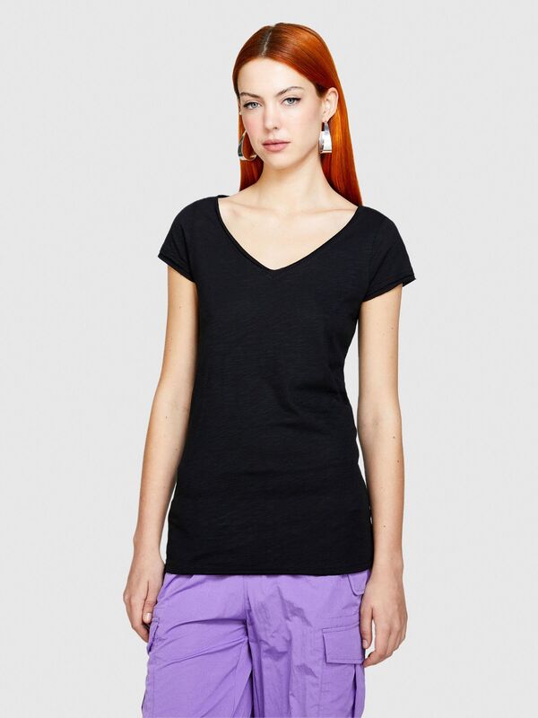 Pamuk Modal Karışımlı Normal Kalıp V Yaka T-Shirt Kadın Siyah T-Shirt - 324P3TNHL4007