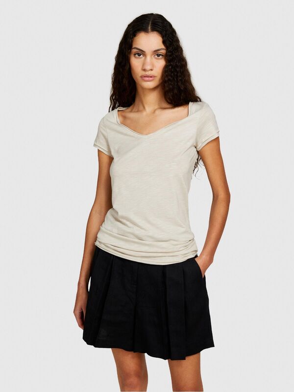 Sisley - Pamuk Modal Karışımlı V Yaka T-Shirt Kadın Gri T-Shirt - 324P3TNHL400E