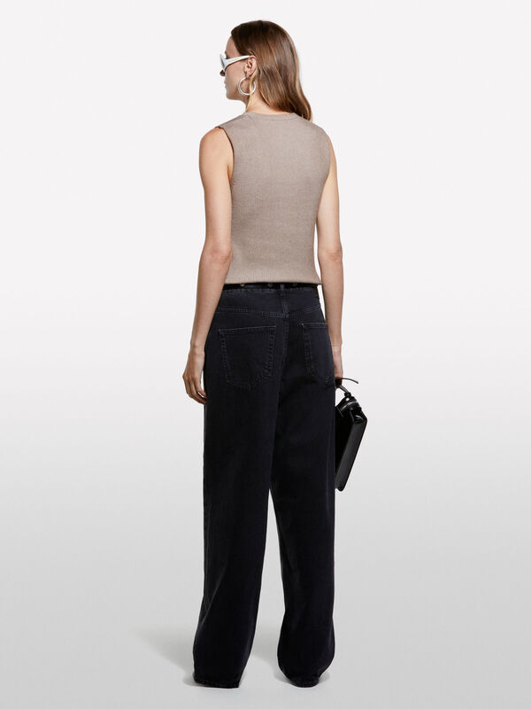 Sisley - Pamuk ve İpek Karışımlı Bisiklet Yaka Kolsuz Örme Üst Kadın Haki Yeşili Kazak - 325A12D6MH00L