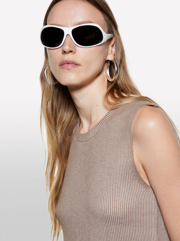 Pamuk ve İpek Karışımlı Bisiklet Yaka Kolsuz Örme Üst Kadın Haki Yeşili Kazak - 325A12D6MH00L