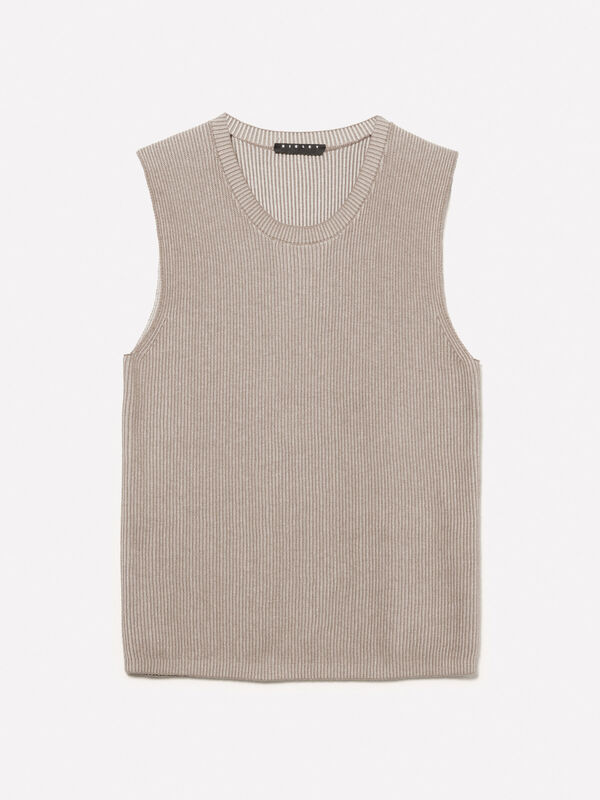 Pamuk ve İpek Karışımlı Bisiklet Yaka Kolsuz Örme Üst Kadın Haki Yeşili Kazak - 325A12D6MH00L