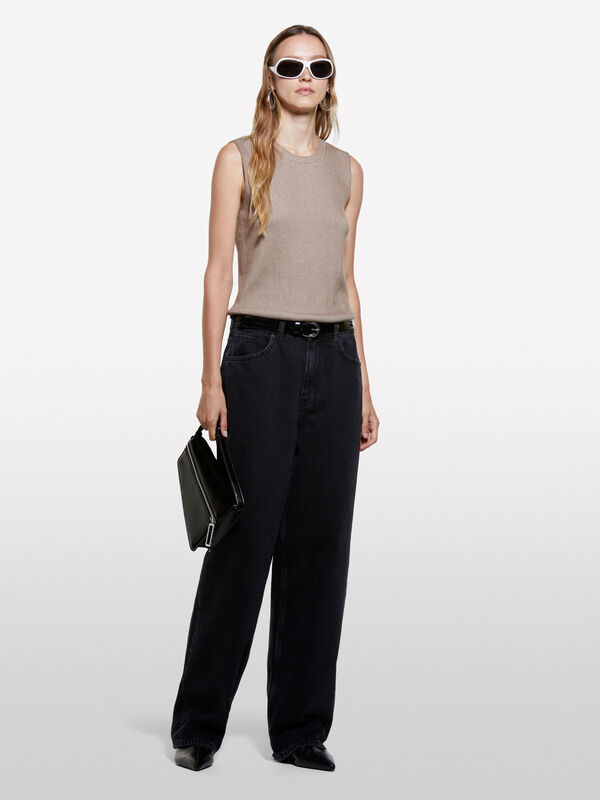 Pamuk ve İpek Karışımlı Bisiklet Yaka Kolsuz Örme Üst Kadın Haki Yeşili Kazak - 325A12D6MH00L