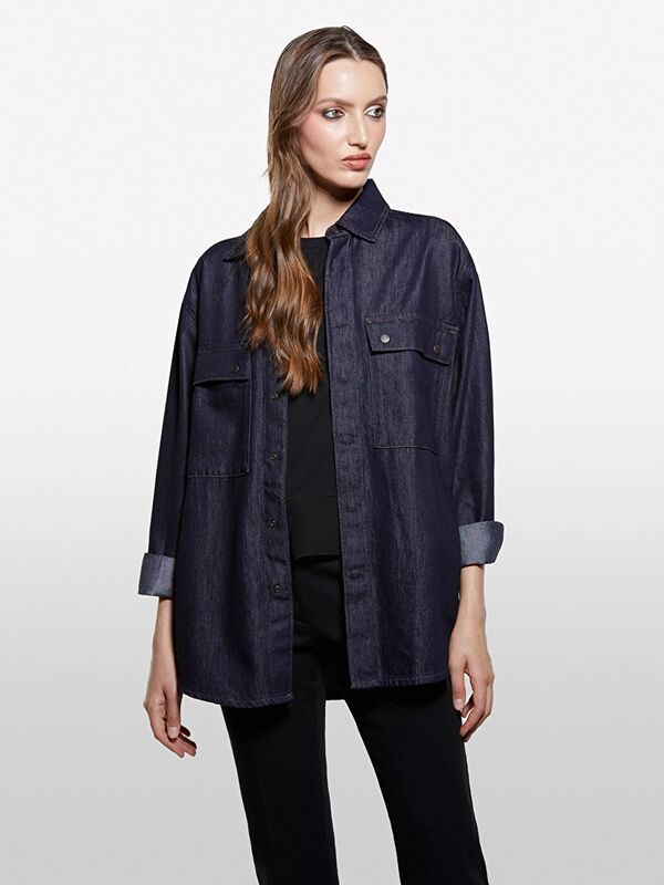 Pamuk ve Liyosel Karışımlı Çıtçıtlı Denim Gömlek Kadın Açık Mavi Gömlek - 325A547ZLQ09D