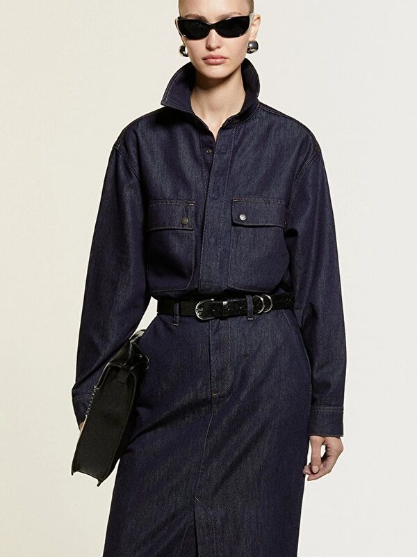 Pamuk ve Liyosel Karışımlı Çıtçıtlı Denim Gömlek Kadın Açık Mavi Gömlek - 325A547ZLQ09D