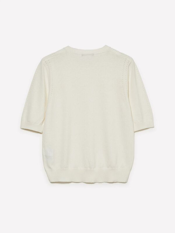 Pamuk ve Yün Karışımlı Ribana Yaka Kısa Kollu Kazak Kadın Krem Kazak - 325A1SBXM106L