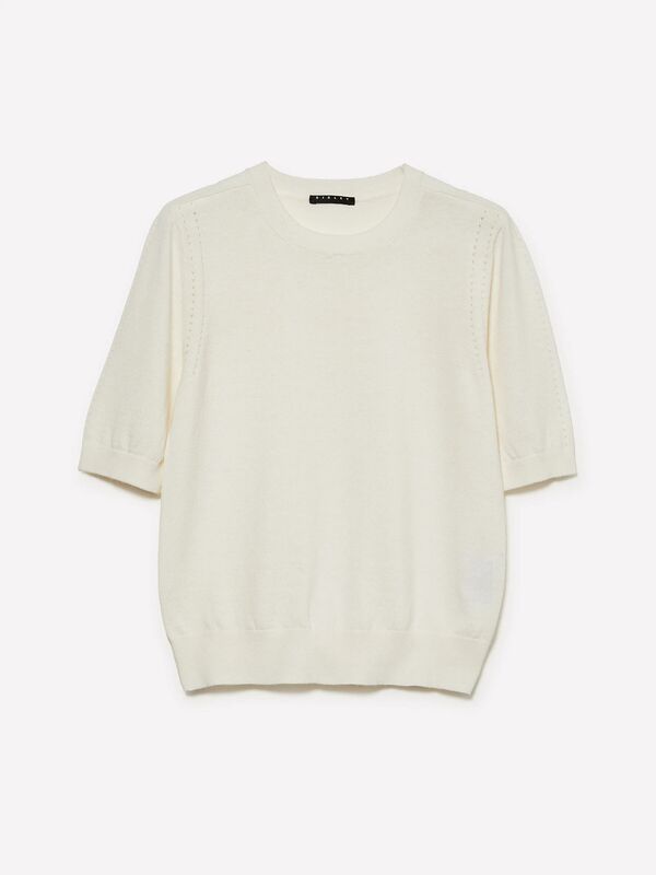 Sisley - Pamuk ve Yün Karışımlı Ribana Yaka Kısa Kollu Kazak Kadın Krem Kazak - 325A1SBXM106L