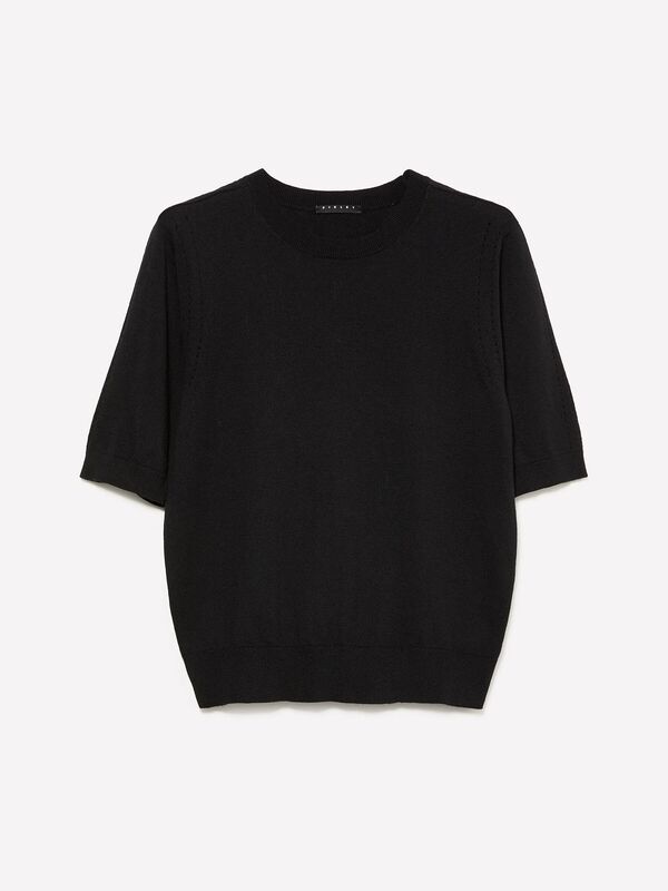 Sisley - Pamuk ve Yün Karışımlı Ribana Yaka Kısa Kollu Kazak Kadın Siyah Kazak - 325A1SBXM106L