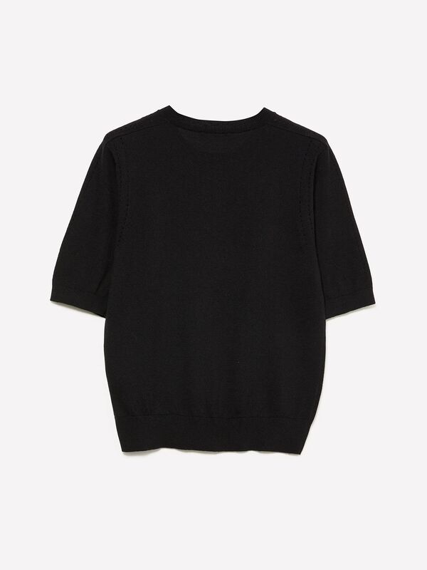 Pamuk ve Yün Karışımlı Ribana Yaka Kısa Kollu Kazak Kadın Siyah Kazak - 325A1SBXM106L