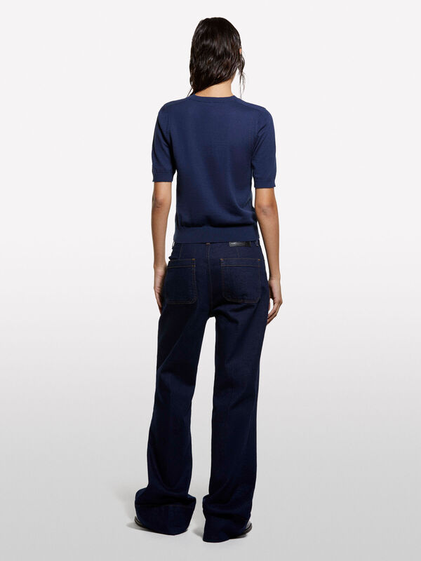 Pamuk ve Yün Karışımlı Ribana Yaka Kısa Kollu Kazak Kadın Soluk Lacivert Kazak - 325A1SBXM106L