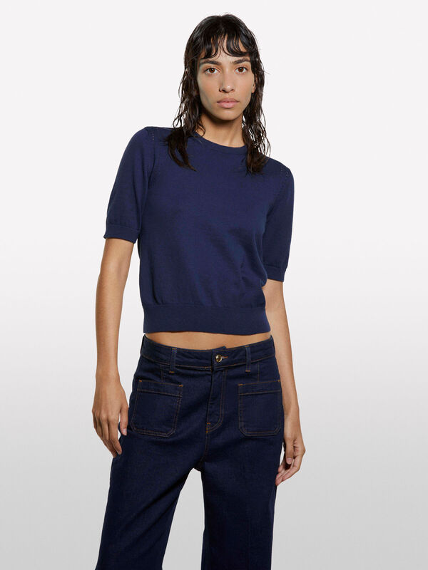 Pamuk ve Yün Karışımlı Ribana Yaka Kısa Kollu Kazak Kadın Soluk Lacivert Kazak - 325A1SBXM106L