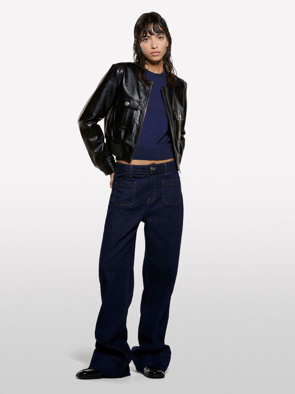 Pamuk ve Yün Karışımlı Ribana Yaka Kısa Kollu Kazak Kadın Soluk Lacivert Kazak - 325A1SBXM106L