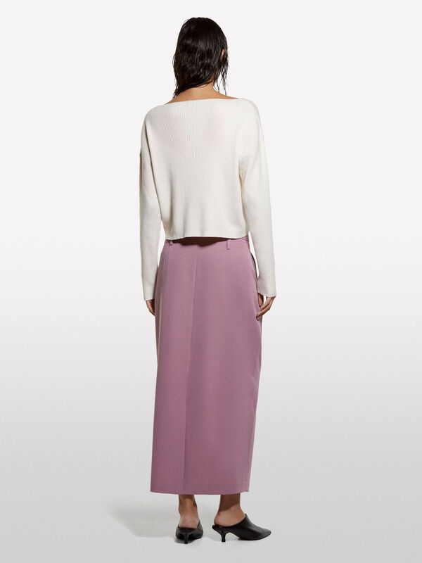 Pamuk ve Yün Karışımlı Ribanalı Kayık Yaka Kazak Kadın Krem Kazak - 325A1KHTL106J