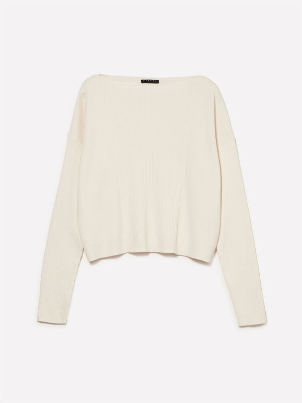 Sisley - Pamuk ve Yün Karışımlı Ribanalı Kayık Yaka Kazak Kadın Krem Kazak - 325A1KHTL106J