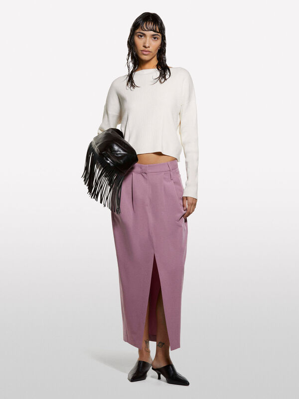 Pamuk ve Yün Karışımlı Ribanalı Kayık Yaka Kazak Kadın Krem Kazak - 325A1KHTL106J