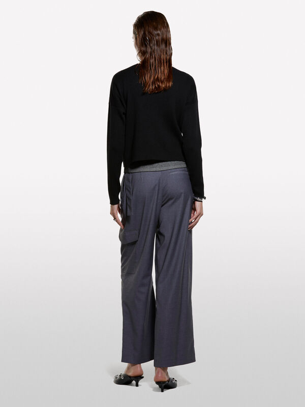 Pamuk ve Yün Karışımlı Ribanalı Kayık Yaka Kazak Kadın Siyah Kazak - 325A1KHTL106J