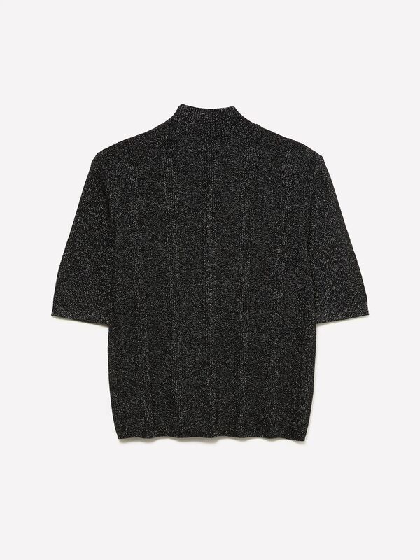 Pamuk ve Yün Karışımlı Sim Detaylı Dik Yaka Kısa Kollu Kazak Kadın Siyah Kazak - 325A1WH2M2025