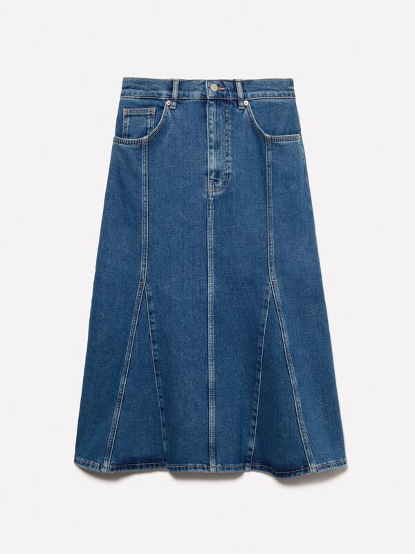 Pamuklu Düğmeli Kloş Yüksek Bel Midi Denim Etek Kadın Buz mavisi Denim Etek - 325P41GTL002N