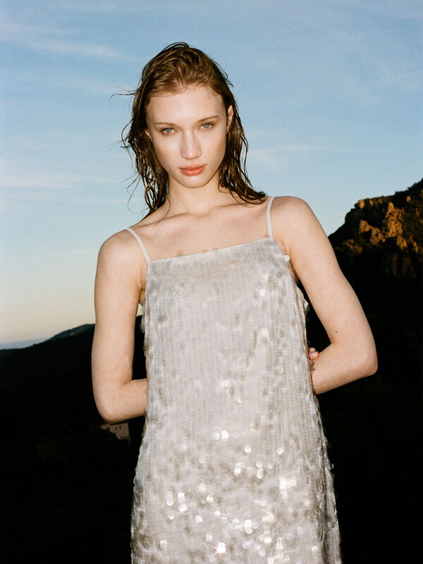 Payetli Şifon Düz Yaka Askılı Kısa Elbise Kadın Gri Elbise - 325P4Z5JLV07G