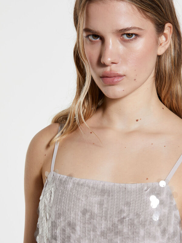 Payetli Şifon Düz Yaka Askılı Kısa Elbise Kadın Gri Elbise - 325P4Z5JLV07G