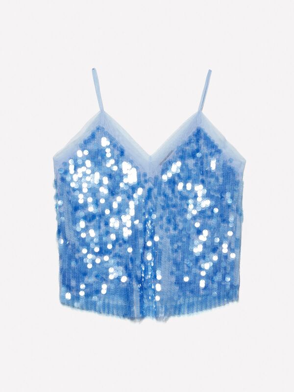 Payetli Tül Detaylı Astarlı V Yaka Askılı Üst Kadın Mavi Bluz - 325P5ZQWLH01K