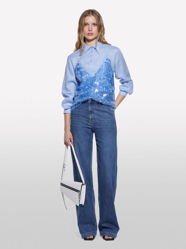 Payetli Tül Detaylı Astarlı V Yaka Askılı Üst Kadın Mavi Bluz - 325P5ZQWLH01K