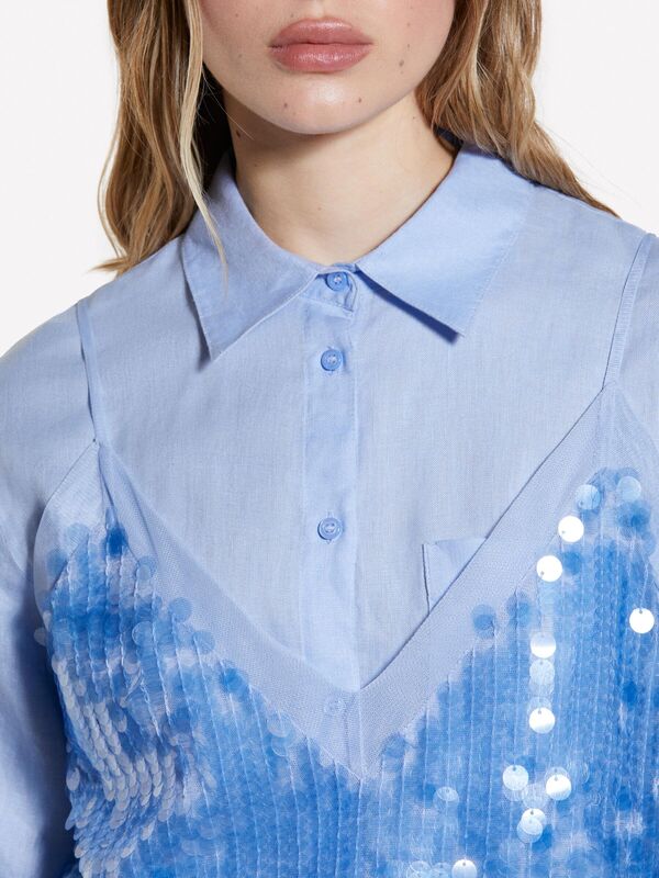 Sisley - Payetli Tül Detaylı Astarlı V Yaka Askılı Üst Kadın Mavi Bluz - 325P5ZQWLH01K