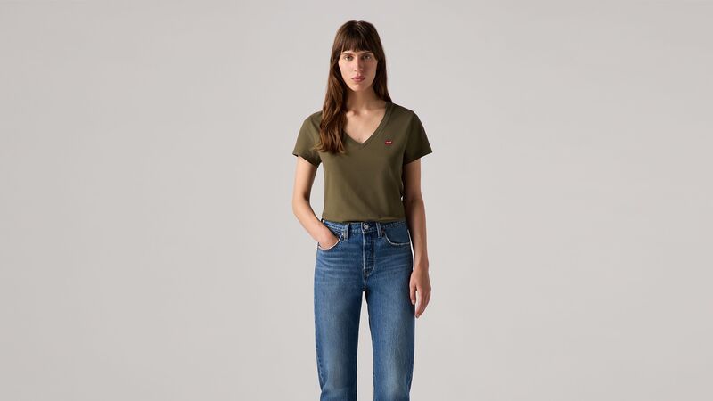 PERFECT VNECK OLIVE NIGHT COTTON Kadın Yeşil T-Shirt - 85341