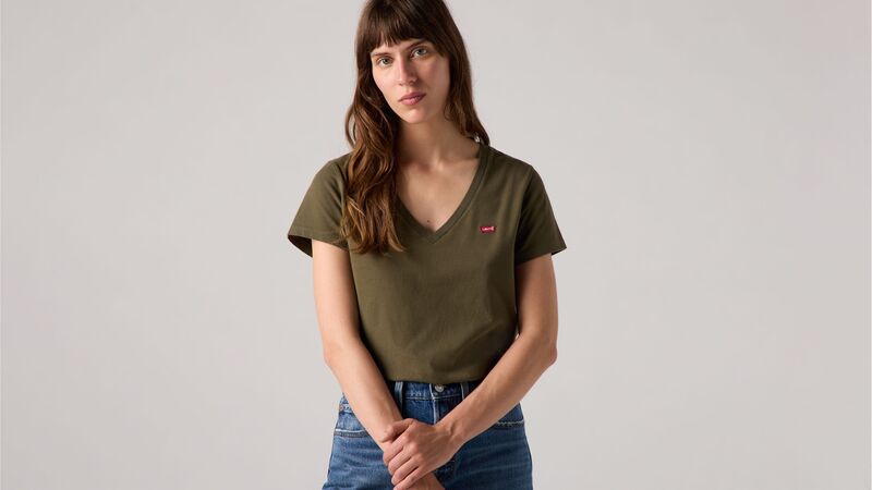 PERFECT VNECK OLIVE NIGHT COTTON Kadın Yeşil T-Shirt - 85341
