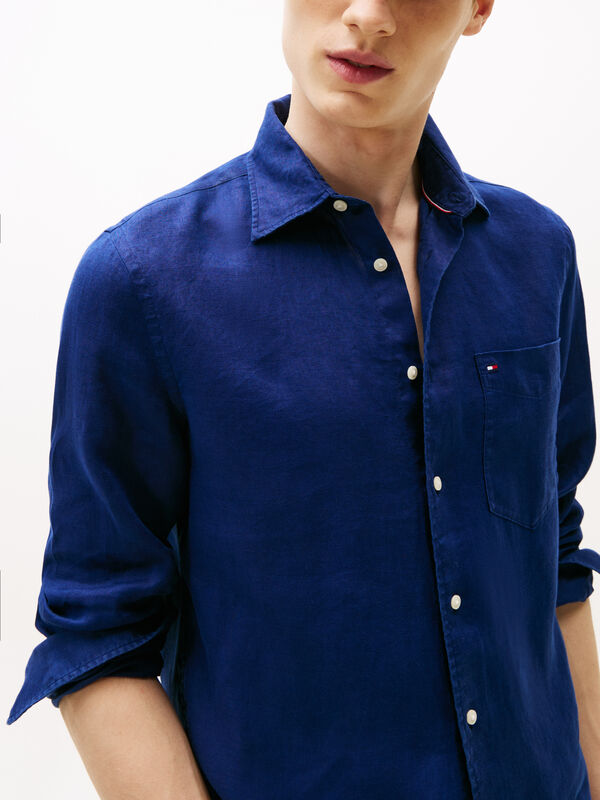 Tommy Hilfiger - PIECE DYE LINEN RF SHIRT Erkek Mavi Gömlek - MW0MW39425