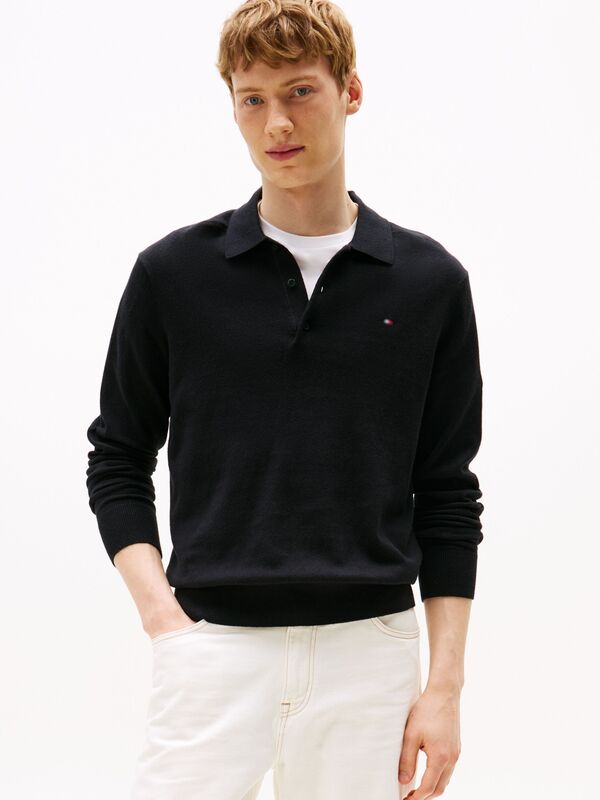 Tommy Hilfiger - PIMA ORG CTN CASHMERE LS POLO Erkek Siyah Kazak - MW0MW36519