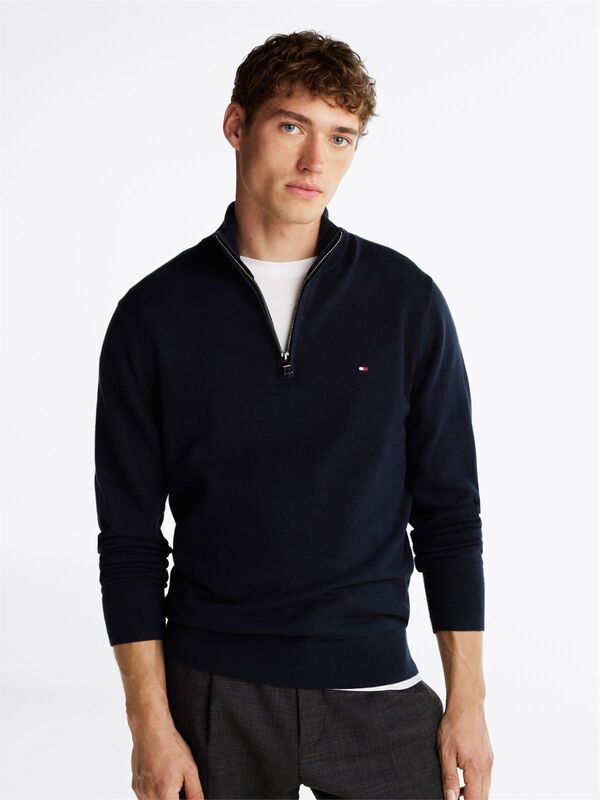 Tommy Hilfiger - PIMA ORG CTN CASHMERE ZIP MOCK Erkek Mavi Kazak - MW0MW28049