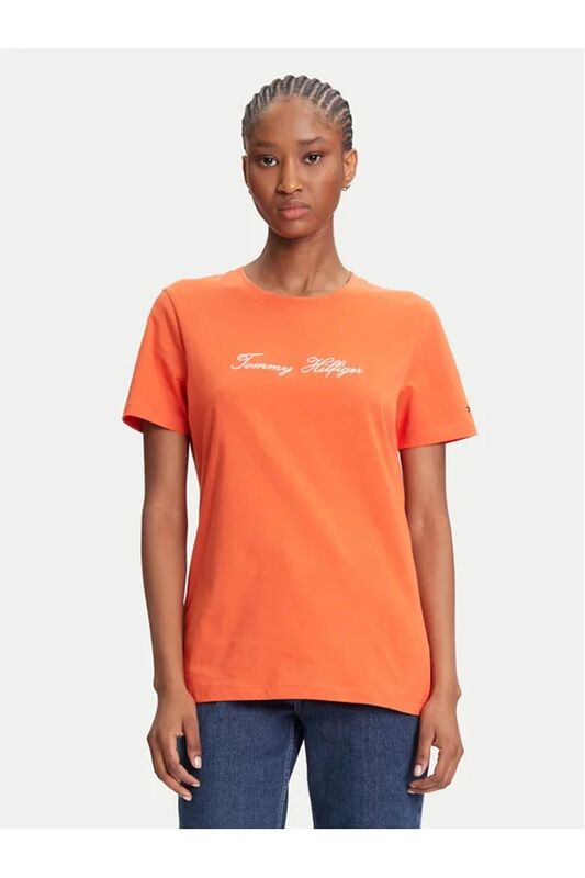 Tommy Hilfiger - SCRIPT REG C-NK SS T-SHIRT Kadın Turuncu T-Shirt - WW0WW45746