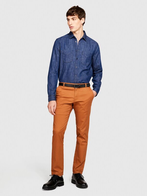 Slim Fit Vintage Efekt Chino Pantolon Erkek Kahverengi T-Shirt - 323A4DM6SF02Y