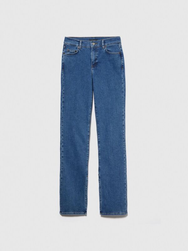 Slim Fit Yüksek Bel Paçası Yırtmaçlı Denim Pantolon Kadın Siyah T-Shirt - 323A4QWRLE02S