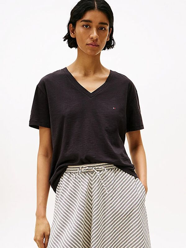 Tommy Hilfiger - SLUB MDRN V-NK SS T-SHIRT Kadın Siyah T-Shirt - WW0WW43901