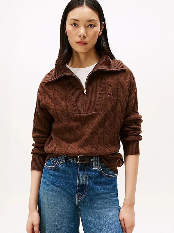 Tommy Hilfiger - SOFT WOOL CABLE 1/2 ZIP LS SWT Kadın Kahverengi Sweatshirt - WW0WW46425
