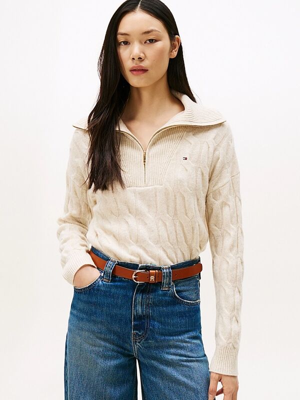 SOFT WOOL CABLE 1/2 ZIP LS SWT Kadın Bej Sweatshirt - WW0WW46425