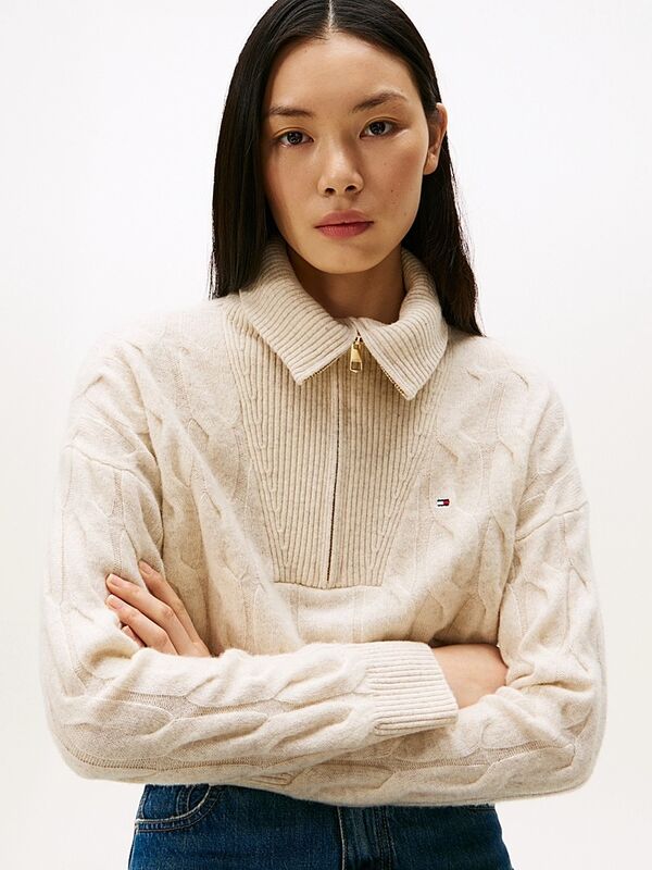 SOFT WOOL CABLE 1/2 ZIP LS SWT Kadın Bej Sweatshirt - WW0WW46425