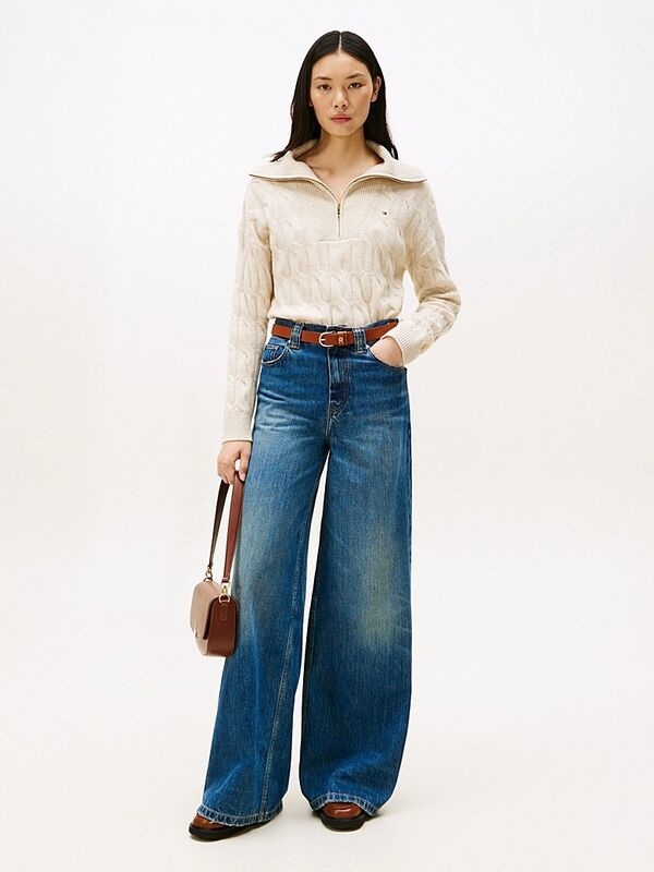 SOFT WOOL CABLE 1/2 ZIP LS SWT Kadın Bej Sweatshirt - WW0WW46425