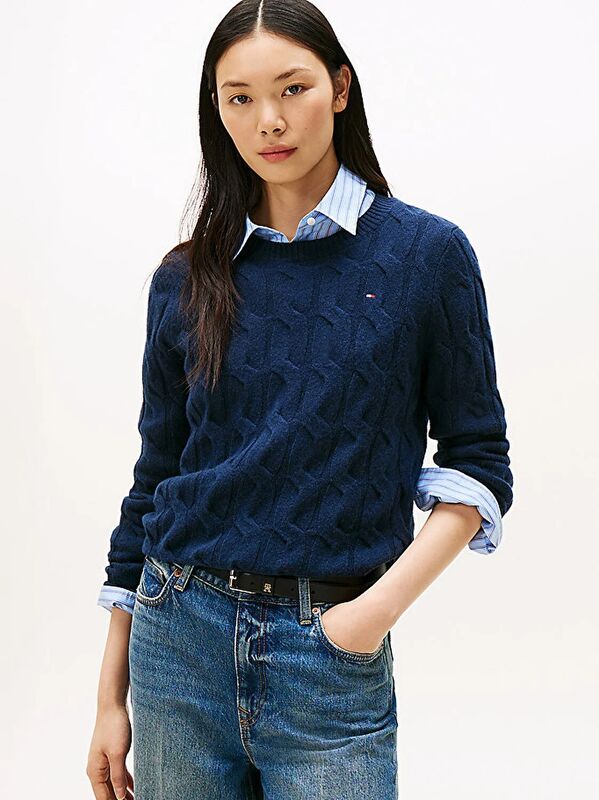 Tommy Hilfiger - SOFT WOOL CABLE C-NK LS SWT Kadın Mavi Kazak - WW0WW43586