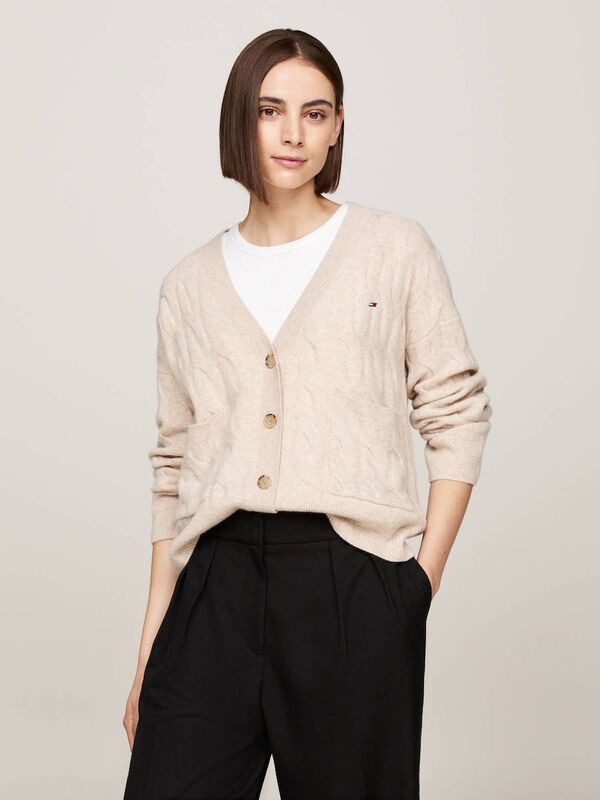Tommy Hilfiger - SOFT WOOL CABLE CARDIGAN Kadın Bej Hırka - WW0WW43089