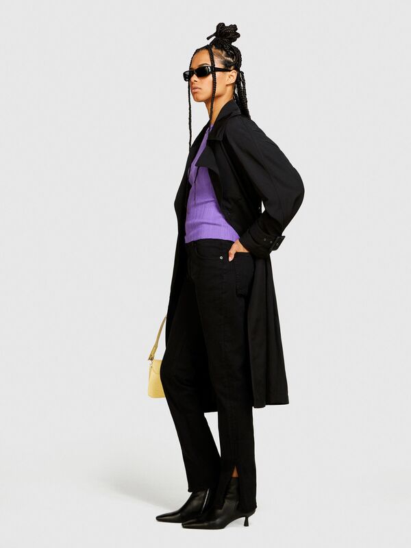 Streç Pamuklu Kemer Delikli Paçaları Yırtmaçlı Pantolon Kadın Siyah Pantolon - 324P4UNGLE037