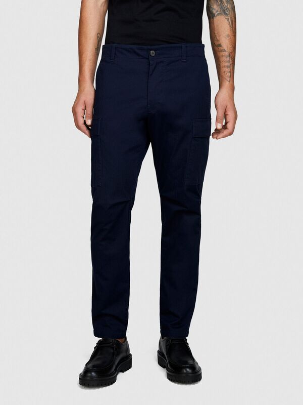 Streç Pamuklu Kemer Delikli Yama Cepli Dar Paça Pantolon Erkek Lacivert Pantolon - 324P4H2FSF03P