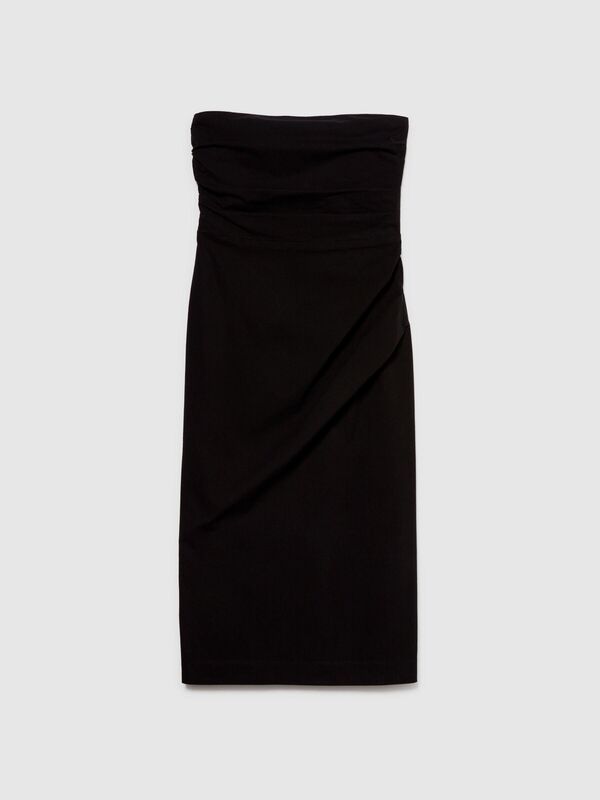 Streç Pamuklu Önü Büzgülü Dar Kesim Straplez Elbise Kadın Siyah Elbise - 324P4ORPLV05M
