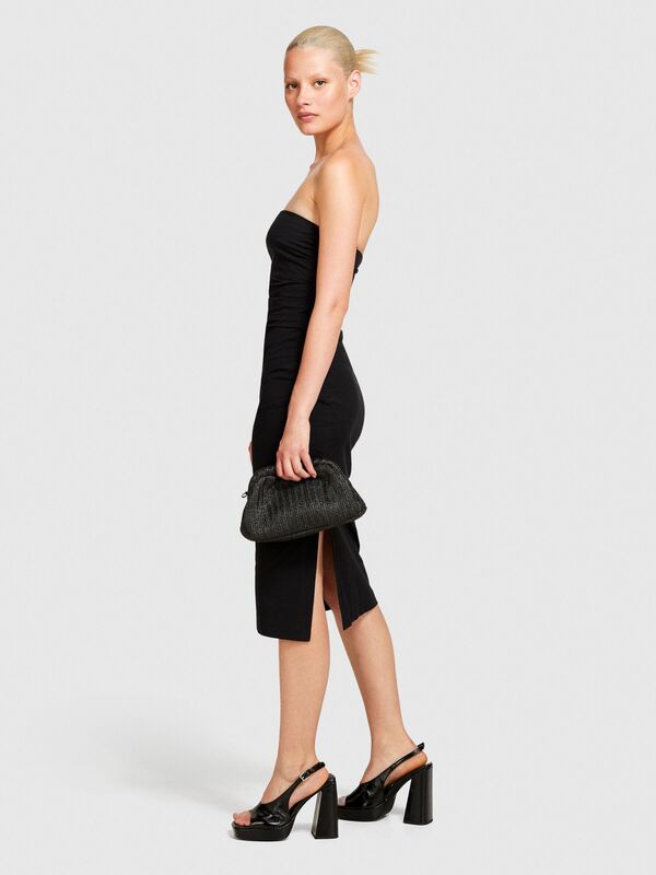 Streç Pamuklu Önü Büzgülü Dar Kesim Straplez Elbise Kadın Siyah Elbise - 324P4ORPLV05M