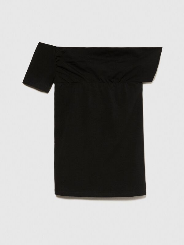 Streç Pamuklu Önü Detaylı Omzu Açık T-Shirt Kadın Siyah T-Shirt - 324P3X23L400P